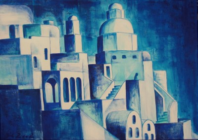 Acrylbild mit einer blauen Stadt, inspiriert durch eine Griechenland Reise